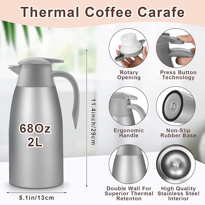 Norme 2 Pcs Thermal Coffee Carafe Insulated Stainless Steel Coffee Carafe for Hot Liquid Vacuum Thermal Pot Creamer Pitcher Dispenser with Brushes Keeping Hot Water Milk(Gray,68 oz)
