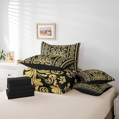 Comforter Set Full Size, Black Gold Damask Aztec 7 Pcs Bedding for Kids and Adults, Antique Decor Western Baroque Gothic Bed Sheet Sets with Fitted Sheet 2 Pillowcases & 2 Shams for Bedroom Bed Decor