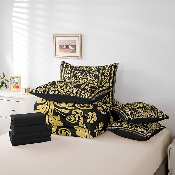 Comforter Set Twin Size, Black Gold Damask Aztec 7 Pcs Bedding for Kids and Adults, Antique Decor Western Baroque Gothic Bed Sheet Sets with Fitted Sheet 2 Pillowcases & 2 Shams for Bedroom Bed Decor