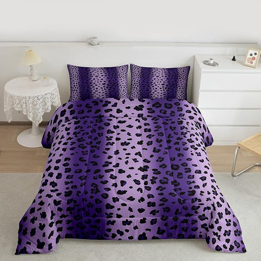 Erosebridal Leopard Print Full Size Comforter Sets for Kids Boys Girls,African Cheetah Print Bedding Set,Farmhouse Rustic Duvet Insert,Ombre Purple Quilt Bedroom Decor