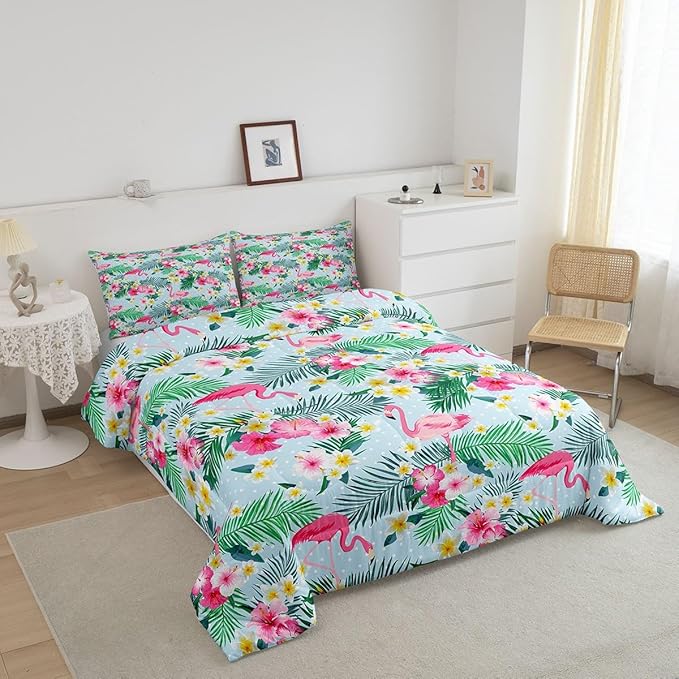 Pink Flamingo Kids Comforter Set King Size,Palm Leaves Flowers Rustic Bedding Set,Boys Girls Adults Room Decor,Tropical Plants Animals Dots Down Comforter,Blue Dreamy Duvet Insert,2 Pillowcases