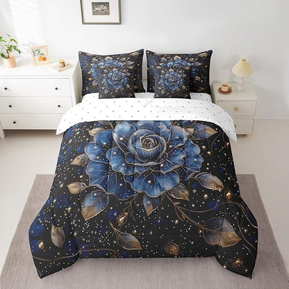 Erosebridal Gold Blue Rose Comforter Set King 7 Piece,Romantic Rose Floral Bedding Set for Girls Women Bedroom Decor,Rustic Flowers Bed in a Bag with Fitted Sheet,Flat Sheet,Pillowcases & Shams