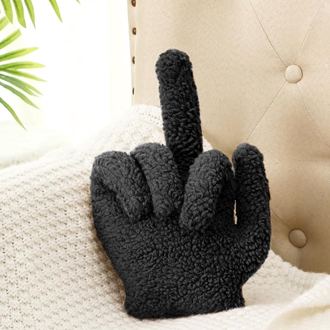Menkxi Small Middle Finger Decorative Pillow 13.78 x 9.84 in Funny Shaped Sherpa Fleece Throw Pillow Warm Soft Emoticon Cushion Middle Finger Decor for Couch Gag Gift(Black)