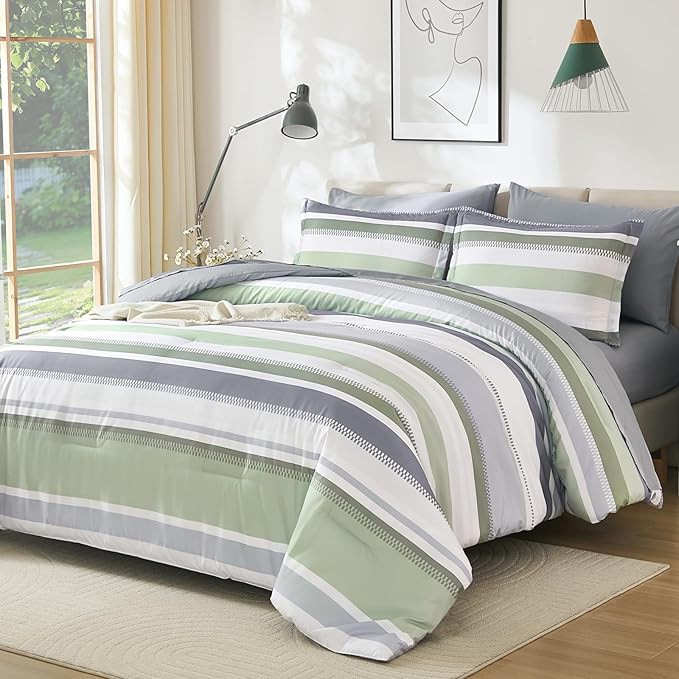WONGS BEDDING Sage Green Comforter King Size Set, 7 Pieces Bed in a Bag Sage Green and Grey Comforter Set, Soft Boho Striped Bedding Sets with Sheets, Pillowcases & Shams