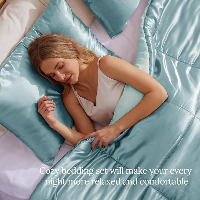 Whale Flotilla 3-Piece Reversible Silky Soft Queen Comforter Bedding Set, Luxurious Satin Comforters Full Size with 2 Satin Pillowcases, Lightweight Duvet for All Seasons, Haze Blue