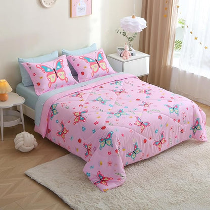 Pink Butterfly Comforter Set Twin Size for Girls Kids Teens 7 Piece Bed in A Bag Colorful Flower Leaves Bedding Set All Season Lightweight
