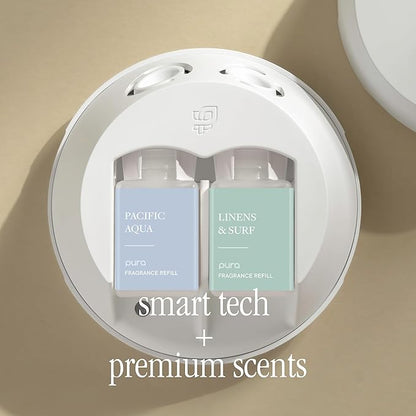 Pura - Smart Home Fragrance Device Starter Set - Pura 4 - Scent Diffuser for Home - Includes Fragrance Aroma Diffuser - Square Box, Pacific Aqua and Linens & Surf Scent Refills