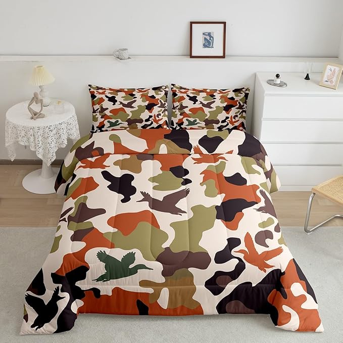 Erosebridal Camouflage Comforter Set King Size Camo Bedding for Kids Hunting Farmhouse Camping Comforter Vintage Green Army Room Decor Wild Duck Rustic Animal Duvet Set
