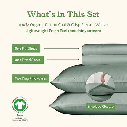 California Design Den King Sheets Deep Pocket Set - Soft 100% Organic Cotton Sheets, Crisp and Cool Percale, Deep Pockets with Anti-Skid Elastic, Breathable and Durable Bedding Set - Sage Green