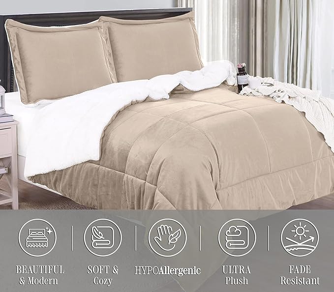 Elegant Comfort Super Soft Sherpa Comforter 3-Piece Set Premium Quality, Heavy Weight Reversible Down Alternative Micro-Suede, Sherpa Comforter, King, Taupe