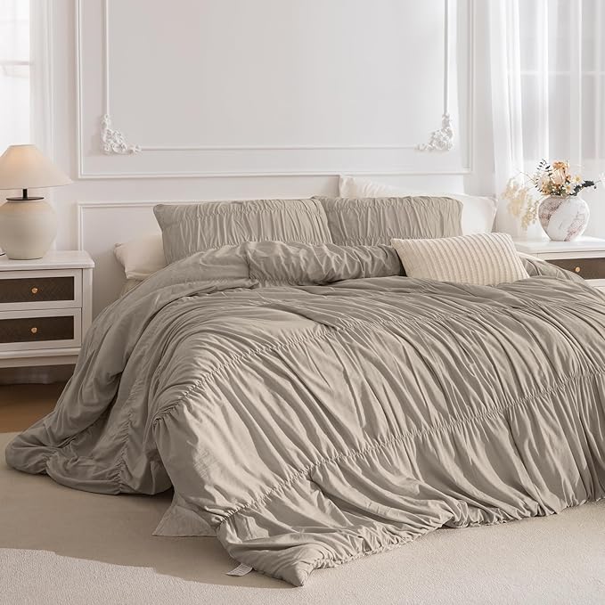 Lady Ann King Bed Comforter Set 104"*90 - Linen Feel Ruched Boho Bedding Comforter Set for Bedroom, 3 Piece Fluffy Bedroom Set with Pillow Shams Ultra Soft All Season Bed Sets for Women Men