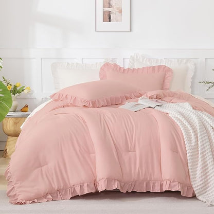 Andency Blush Pink Ruffle Comforter King, 3 Pieces All Season Farmhouse Shabby Chic Comforter, Vintage Rustic Soft Microfiber Down Alternative Bedding Comforter Set