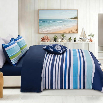 Holawakaka Beach Stripe Bedding Sets 6 Pieces, Navy Blue Coastal Striped Comforter Set King Size All Season Geometric Bed Set, Nautical Bed in a Bag with Comforter,Sheets and Shams