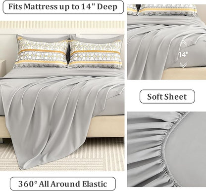 WONGS BEDDING Boho Comforter Set Queen Size,7 Pieces Bed in a Bag Bohemian Striped Bedding Set,Yellow Paisley Floral Comfortet and Sheet Set,Soft Microfiber Bedding Sets for All Season