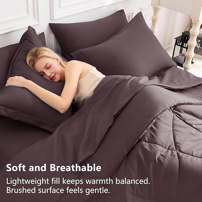 CozyLux Full Size Comforter Sets Cocoa Powder - 7 Pieces Bed in a Bag Full, Luxury Soft Bed Set for All Seasons, Bedding Set with Down Alternative Comforter, Sheets, Pillowcases & Shams