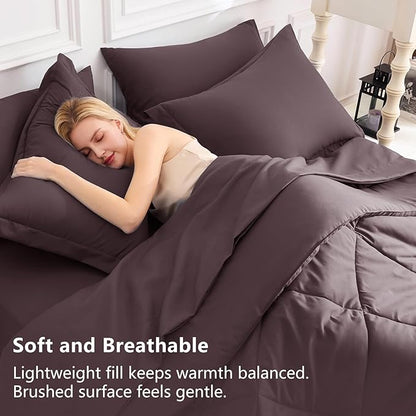 CozyLux Queen Comforter Set Cocoa Powder - Bed in a Bag Queen Size 7 Pieces, Luxury Soft Bed Set for All Seasons, Bedding Set with Down Alternative Comforter, Sheets, Pillowcases & Shams