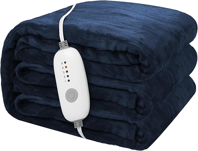 Electric Heated Blanket 72"x84" Full Size Flannel Heated Blanket, Cozy & Warm for All Night, 5 Heat Settings & 10 Hours Auto Off, Machine Washable, Dark Blue