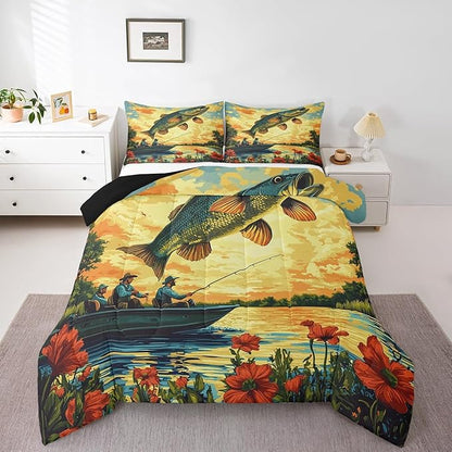 Erosebridal Bass Fishing King Comforter Set,Fisherman and Fish Bedding Sets for Kids Boys Men,Big Pike Fish Quilt Bed Set,Lake House Rustic Country Bedroom Decor,2 Pillowcases Breathable