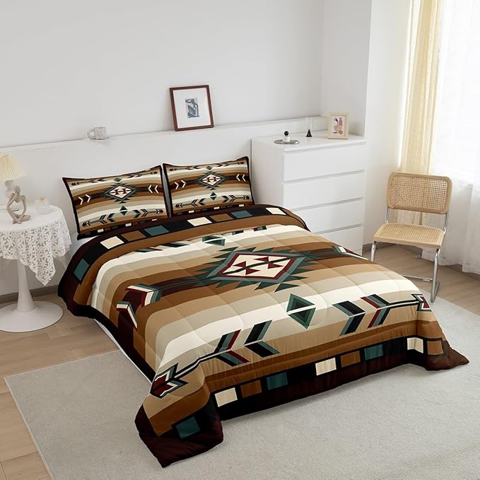 Erosebridal Rustic Bohemian Queen Comforter Set American Native Southwestern Bedding Set Boho Western Aztec Exotic Bed Comforter Sets for Boys Men Vintage Country Farmhouse Quilt Duvet 3 Pcs