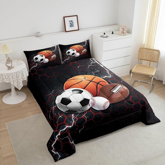 Feelyou Basketball Comforter Set Full Size Rugby Sports Comforter for Boys Girls Teens Football Bedding Set Baseball Duvet Set Room Decor Balck Red Mixed Ball Quilt Set