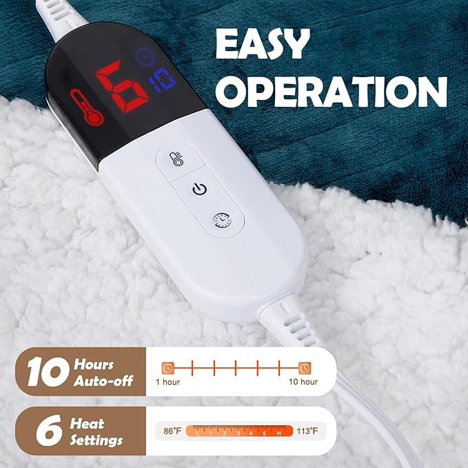 HOW'S MY HOUSE Heated Blanket 72" x 84", Electric Blanket Full Size with 12 Time Settings & 6 Heating Levels, Over-Heat Protection, Flannel Sherpa Super Cozy with ETL Certification, Blue