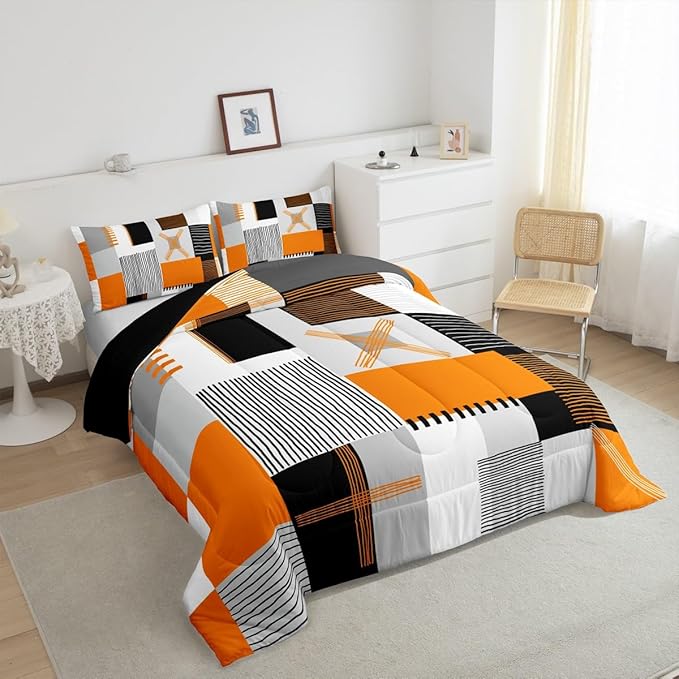 Erosebridal Orange Grey Comforter Set Full Black White Abstract Bedding Set for Kids Teen Adults Geometric Square Quilt Grids Checkered Duvet Insert Modern Fashion Room Decor 3 Pcs