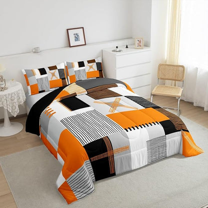 Erosebridal Orange Grey Comforter Set Toddler Black White Abstract Bedding Set for Kids Teen Adults Geometric Square Quilt Grids Checkered Duvet Insert Modern Fashion Room Decor 2 Pcs