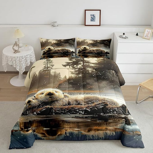 Manfei Sea Otter Bedding Comforter Sets King,Wildlife Otter Couple Swimming Bedding Set for Bedroom Decoration,Cute Otter Jungle Adventure with 1 Comforter and 2 Pillow Cases Bedroom Decor