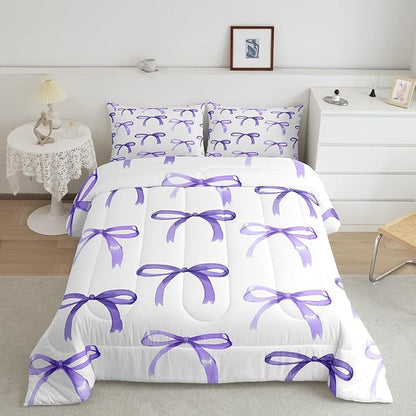 Feelyou Purple Bow Bedding Set Boys Girls King Size Cute Bowknot Comforter Set for Kids Women Men Ultra Soft Kawaii Duvet Quilt Breathable Soft Lightweight Microfiber Room Decor
