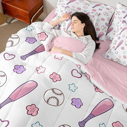 Erosebridal Baseball Bed in A Bag Queen | Cute Floral Girly 7 Piece Comforter Set Softball Sports Theme Game Sheet Set Breathable Lightweight Athletic Competitive Games Fitted Sheet Reversible