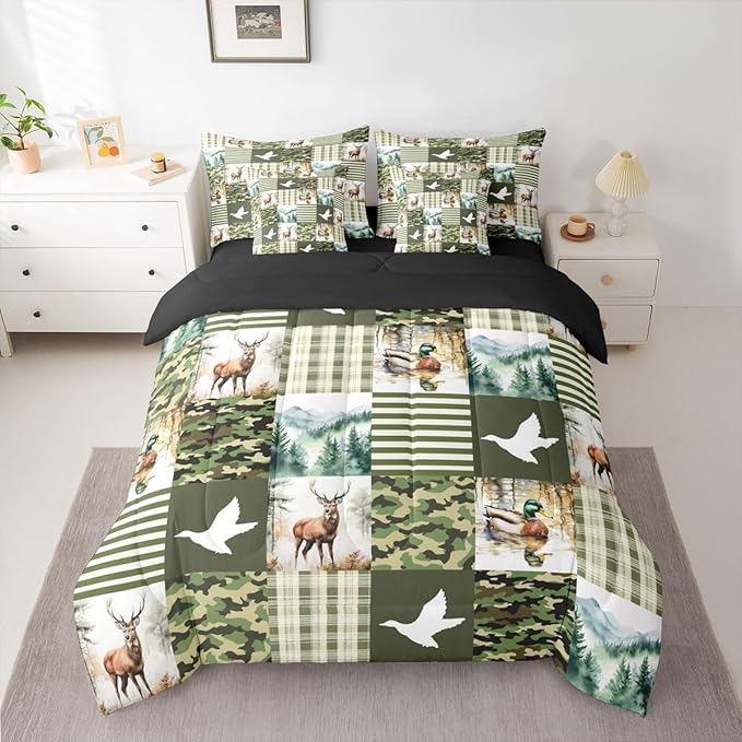 Green Camo King Size Comforter Set with Sheets | Mallard Duck Camo Deer 7-Piece Bedding Set Mens Country Camouflage Bed in a Bag, Woodland Animals Farmhouse Bed Sets,Cabin Duck Hunting Decor