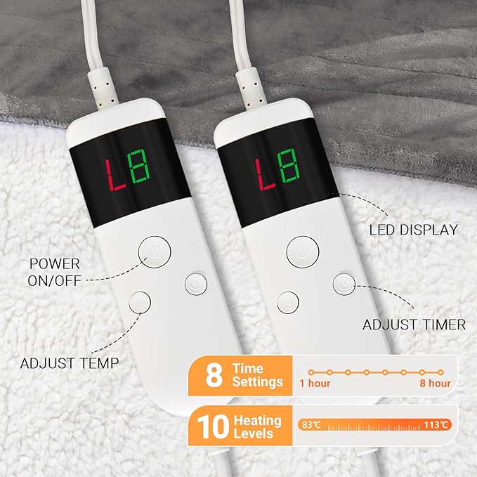 Electric Heated Blanket King Size 90''x100'' Soft Flannel & Sherpa Electric Blanket with 10 Heating Levels, Automatically Shut Down After 8h with Overheat Protection Machine Washable