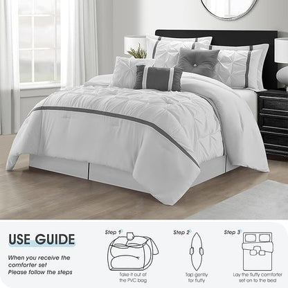 White Grey Comforter Set, California King, 7 Piece Bed in a Bag, Microfiber Handcrafted Pintucking, All Season Bed Set with Comforter, Bedskirt, Pillow Shams and Decro Pillows