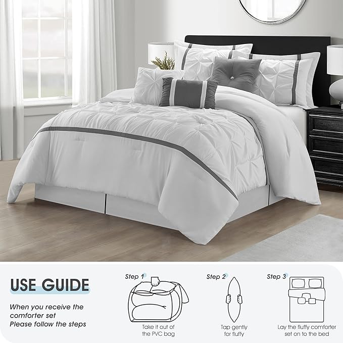 White Grey Comforter Set, King, 7 Piece Bed in a Bag, Microfiber Handcrafted Pintucking, All Season Bedding Set with Comforter, Bedskirt, Pillow Shams and Decro Pillows