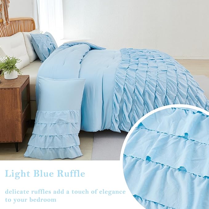 PERFEMET Ruffles Comforter Set 3 Pieces Light Blue Full Comforter Set Shabby Chic Bedding Sets for Women Teen Girls Soft and Breathable All Season Use