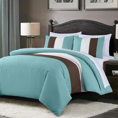 Chezmoi Collection Briar 7-Piece California King Bed in a Bag - All Season Lightweight Microfiber Comforter Set - Includes Sheets & Shams - Blue/Brown/Beige Pleated Stripe Design