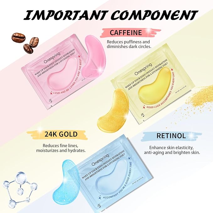 Eye Masks (24 Pairs) - Gifts for Her - Caffeine, 24K Gold and Retinol Under Eye Patches for Puffy Eyes, Dark Circles & Fine Lines, Bachelorette Party Favors, Birthday, Valentine's Day Gift