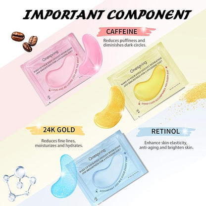 Eye Masks (24 Pairs) - Gifts for Her - Caffeine, 24K Gold and Retinol Under Eye Patches for Puffy Eyes, Dark Circles & Fine Lines, Bachelorette Party Favors, Birthday, Valentine's Day Gift