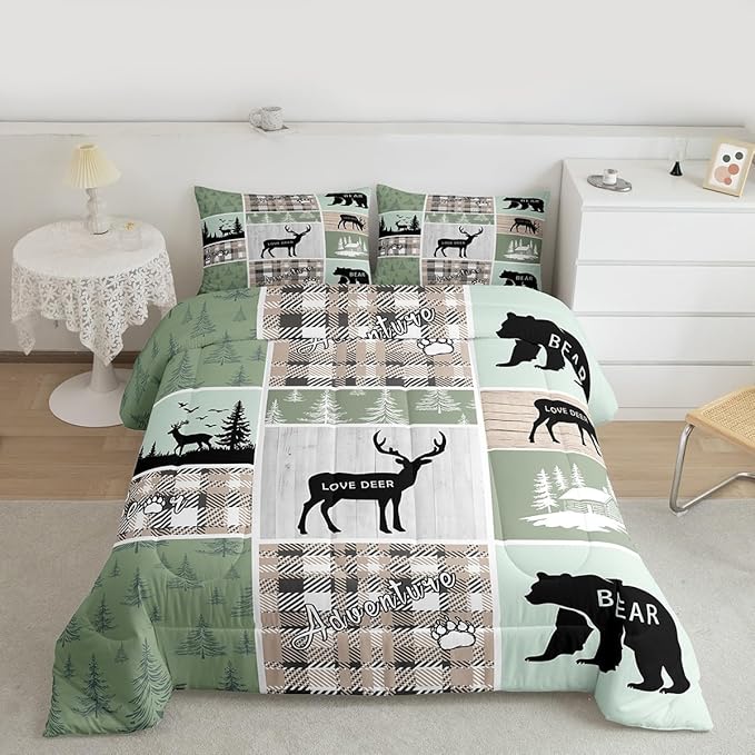 Erosebridal Bear Comforter Set, Rustic Farmhouse Bedding King Size for Kids Boys Teens Adult Bedroom, Vintage Cabin Lodge Quilt Forest Animal Wildlife Patchwork Duvet Insert Bear Decor for Nursery
