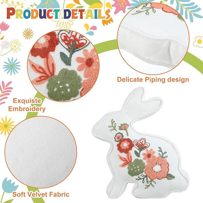 2 Pcs Easter Bunny Throw Pillow 2 Size Soft Velvet Bunny Shaped Floral Embroidered Rabbit Decorative Pillow Spring Office Decor for Sofa Bed Chair Living room, 18 x 11.8 Inch, 16.5 x 11.4 Inch