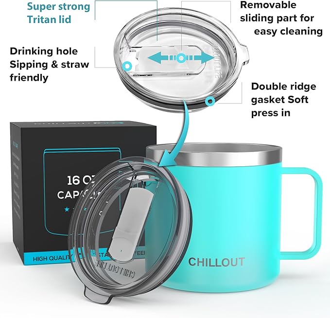 CHILLOUT LIFE Stainless Steel 16 oz Vacuum Insulated Coffee Mug with Handle and Lid, Large Thermal Camping Coffee Mug Cup with Durable Sliding Lid for Men & Women, Keeps your Beverages Hot/Cold