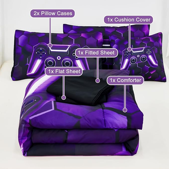 URBONUR 6 Pieces Twin Bed Set for Boys Girls E-Sports Themed 3D Game Consoled Pattern Bedding Comforter Set with Sheets for Kids Room Decor, Purple