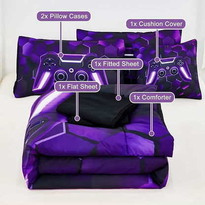 URBONUR 6 Pieces Twin Bed Set for Boys Girls E-Sports Themed 3D Game Consoled Pattern Bedding Comforter Set with Sheets for Kids Room Decor, Purple