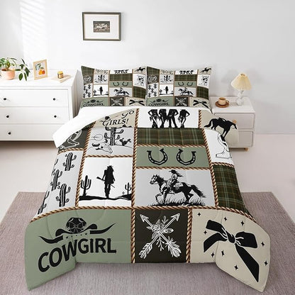 Western Cowgirl Comforter Set Queen Size,Cactus Horseshoe Cow Skull Rustic Farmhouse Bedding Set,Girls Women Room Decor,Bow Arrow Patchwork Down Comforter,Camo Country Duvet Insert,2 Pillowcases