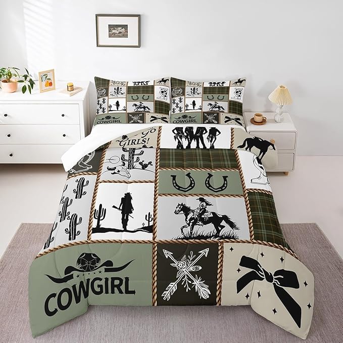 Western Cowgirl Comforter Set King Size,Cactus Horseshoe Cow Skull Rustic Farmhouse Bedding Set,Girls Women Room Decor,Bow Arrow Patchwork Down Comforter,Camo Country Duvet Insert,2 Pillowcases