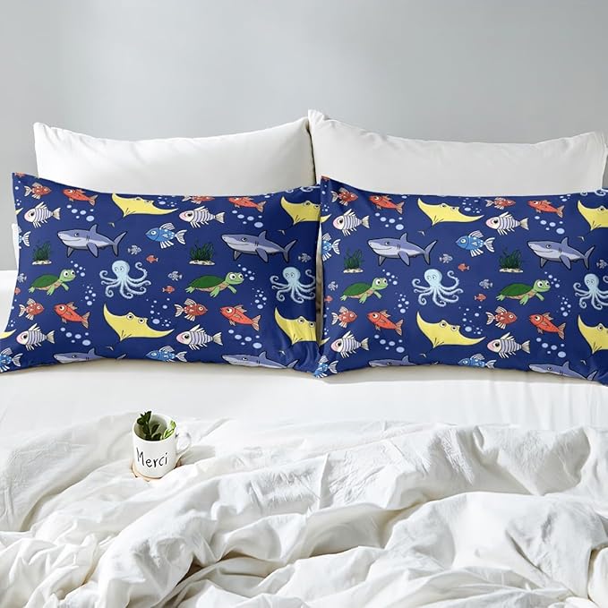 Erosebridal Tortoise Comforter Set for Kids Boys Room, Sea Turtle Shark Down Comforter Twin Size, Underwater World Bedding Set,Octopus Sea Animal Quilt, Soft Microfiber Decor, Dark Blue