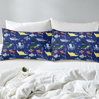 Erosebridal Tortoise Comforter Set for Kids Boys Room, Sea Turtle Shark Down Comforter King Size, Underwater World Bedding Set,Octopus Sea Animal Quilt, Soft Microfiber Decor, Dark Blue