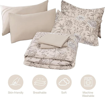 Yiran 7 Piece Bed in a Bag Queen Size Comforter Set Beige White Floral Bedding Set,Leaves Botanical Soft Microfiber Comforter with 2 Pillowcases 2 Pillow Shams 1 Flat Sheet 1 Fitted Sheet 90"×90"