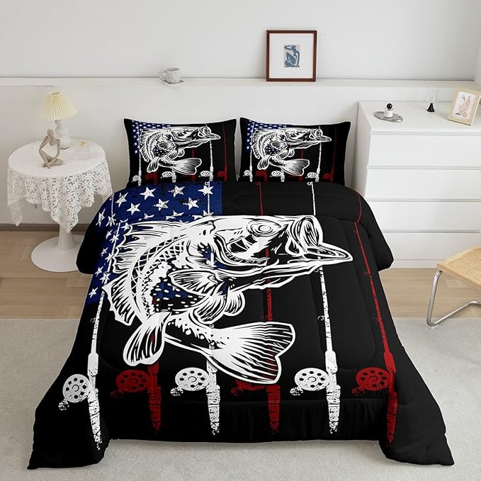 Big Pike Fish Bedding Set Bass Fish American Flag Comforter Set Hunting and Fishing Pattern Duvet Insert for Kids Boys Girls Teens Farmhouse Pike Fishing Quilt Red Blue Stripe Comforter King Size