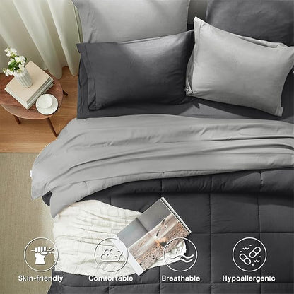 Anluoer Full Size Bed in a Bag 7 Pieces, Grey Bed Comforter Set with Sheets, All Season Bedding Sets with 1 Comforter, 2 Pillow Shams, 2 Pillowcases, 1 Flat Sheet, 1 Fitted Sheet